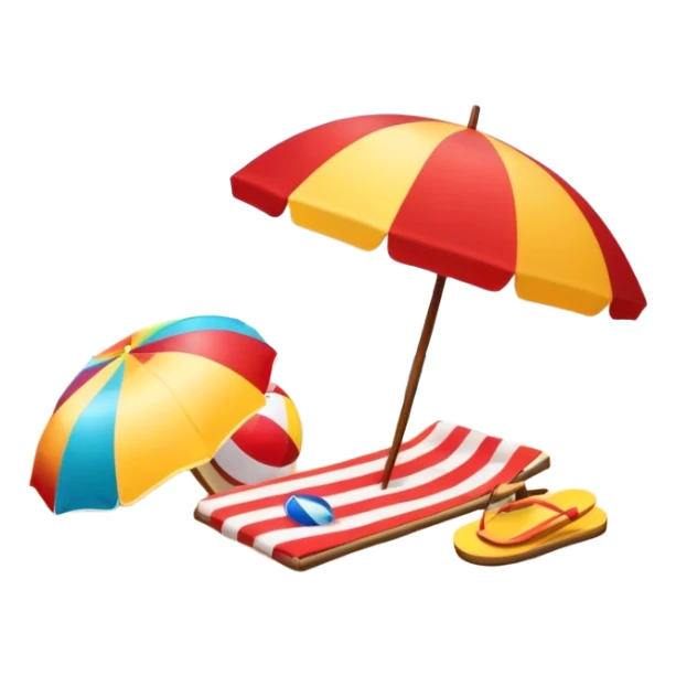 Icon for Beach Tourism: a sandy beach with a beach umbrella, flip-flops, a towel, and a beach ball, with the ocean waves in the background. The icon should capture the relaxation and fun of beach vacations. Transparent background. sticker