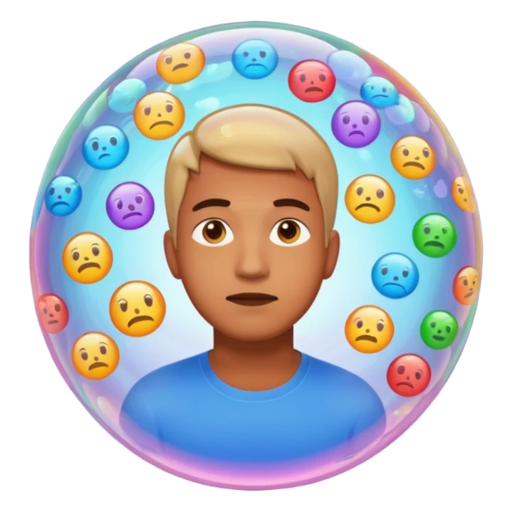Realistic emoji-style man trapped inside a glowing filter bubble. The bubble contains identical social media icons and repeating content symbols. Outside the bubble are colorful diverse icons he cannot see. The man looks comfortable but unaware, expressing narrow perspective. sticker