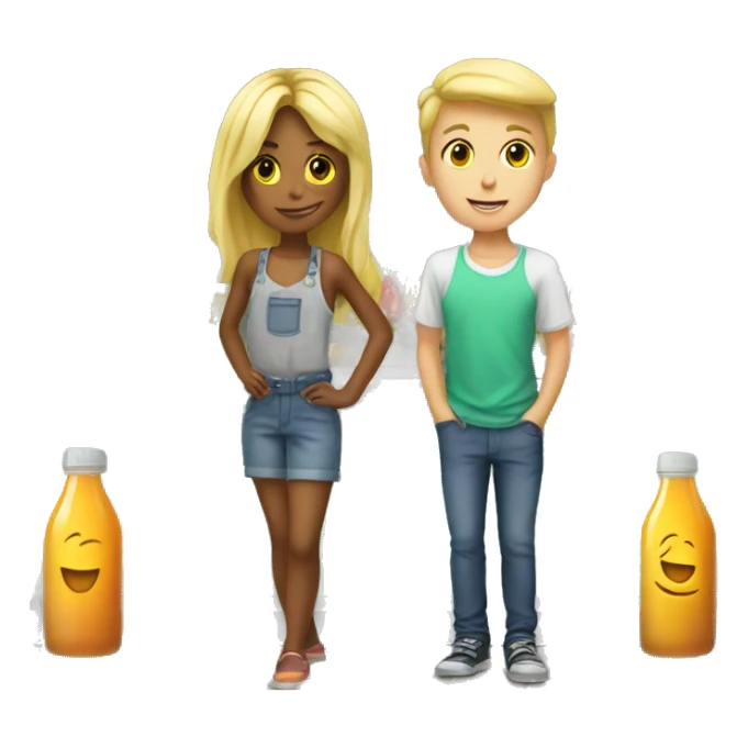 girl behind juice stand with blonde boy sticker