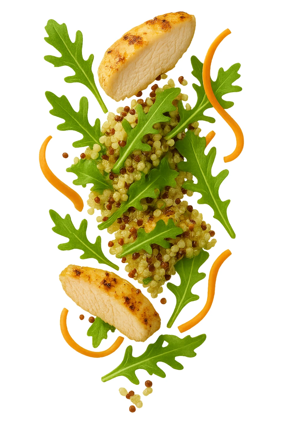 EMOJI STILE IPHONE DI Insalata di quinoa e pollo con rucola e carote che cade verticalmente dall'alto, iperrealistica 4k sticker