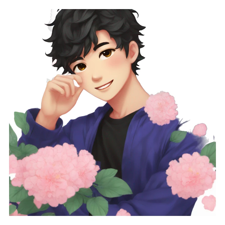 Gorgeous bright sparkly romantic Asian anime style guy with blushing face and flowers aesthetic trending style outside sticker