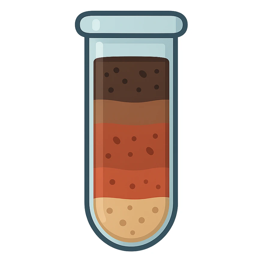 simple illustration of a soil core sample, showing distinct soil layers inside a transparent tube, for carbon dating, flat color style sticker