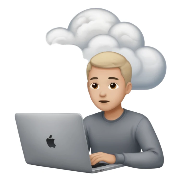 man overwhelmed by data, sitting at laptop, smoke coming from head sticker