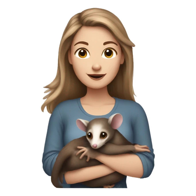 White woman brown hair holding opossum sticker