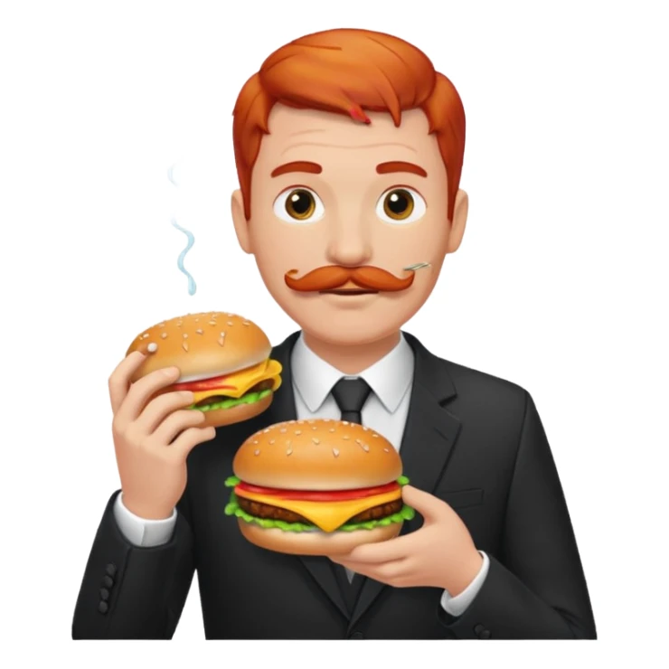 red haired with mustace male wearing suit eating hamburger sticker