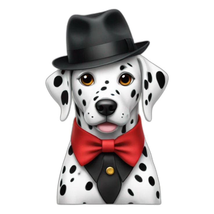 Dalmatian wearing a red fedora with a black collar sticker