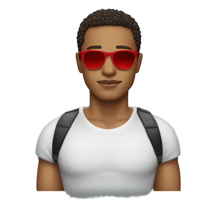 Lightskin man with a red shirt Versace sunglasses and a shape up sticker