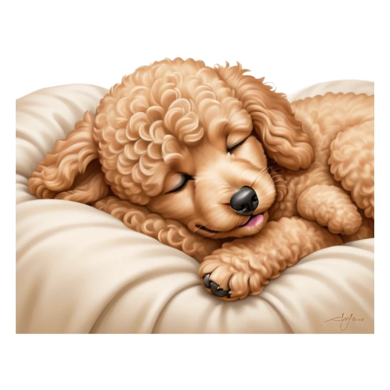 Meme-Worthy Cute Sleeping Apricot Poodle Portrait Emoji, Head resting peacefully with a contented smile, showcasing a delightfully elegant build and a luxuriously soft, curly apricot Fur, eyes shut in a serene nap, Simplified yet hilariously adorable features, highly detailed, glowing with a soft, drowsy light, high shine, relaxed and utterly lovable, stylized with an air of playful laziness, bright and heartwarming, soft glowing outline, capturing the essence of a comically sleepy companion, so meme-worthy it feels like it could instantly become the next viral sensation of adorable slumber! sticker