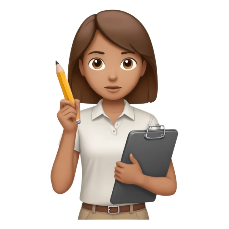 Intern or volunteer with brown hair holding a clipboard and pencil, ready to take notes or assist. The character wears a simple shirt and has an eager posture sticker