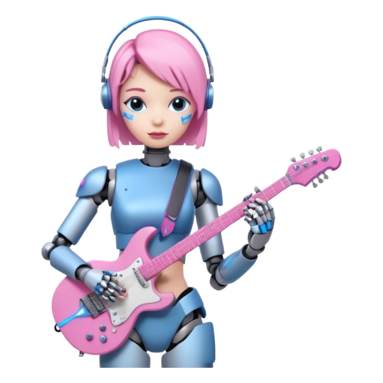 a cyper robot carry her note and electric guitar and try to change the world with pink and bluecolor sticker