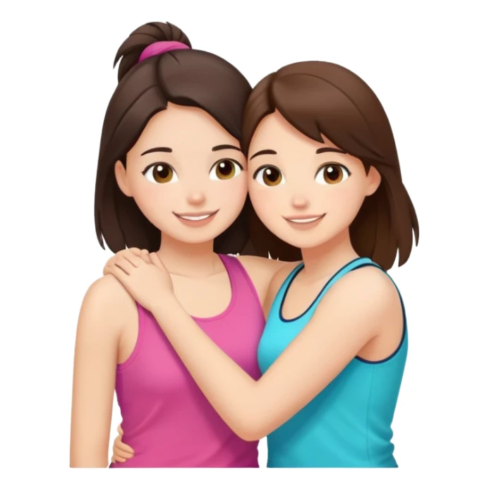 Two cute girl besties, one brunette, beautiful, hugging. Wearing different colored tank tops. They are average sized, they are super happy and are facing each other sticker