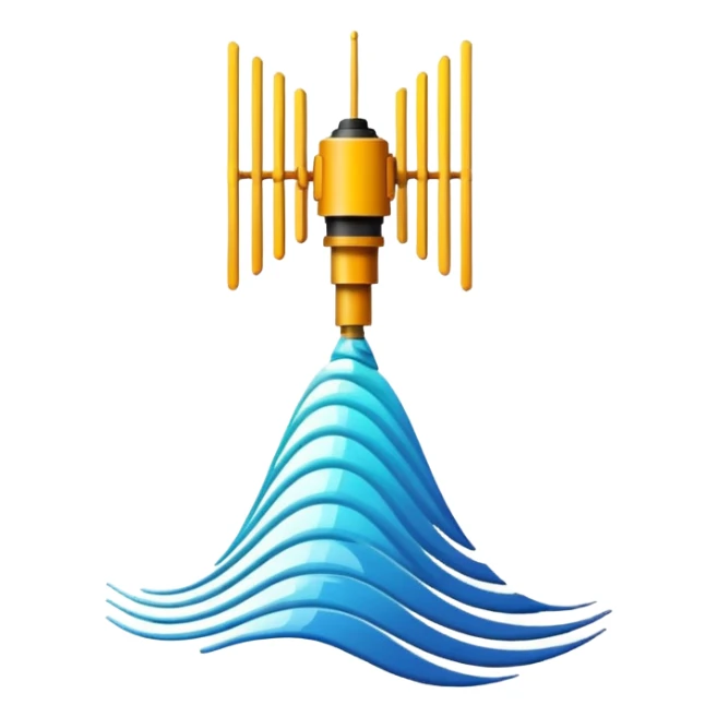 Minimalist emoji-style sticker of an old-school antenna with distorted, glitched signal waves. Clean icon style. sticker