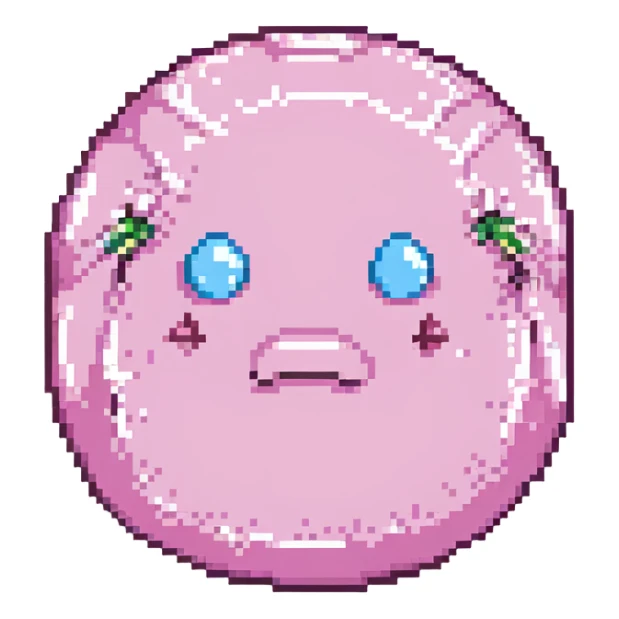 16-bit pixel art of a pink frowny face rounded blob sticker