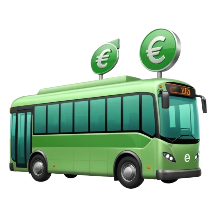 green electric bus with large zero euro bill symbol sticker