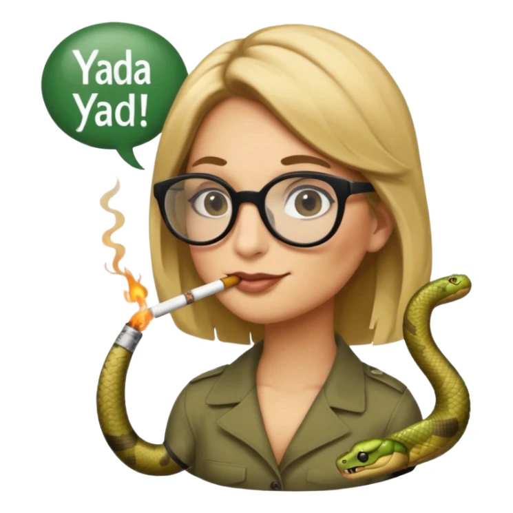 can you create a sneaky bitch SNAKE with big glasses smoking a cigarrette? the SNAKE needs to have dirty blonde hair
can you add a text baloon saying "YADA YADA" - it's a snake emoji sticker