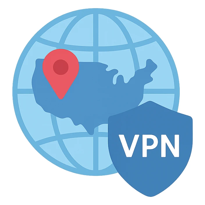 VPN globe icon with a shield, flat design, location pin on the USA, blue tones sticker