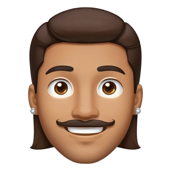 Apple-style cartoon emoji of a floating head only, young man with medium brown skin, mixed-race ethnicity, long dark brown hair with PERFECT MIDDLE PART exactly centered, mustache separated from goatee, medium brown eyes, small diamond stud earrings, absolutely no neck or shoulders visible sticker