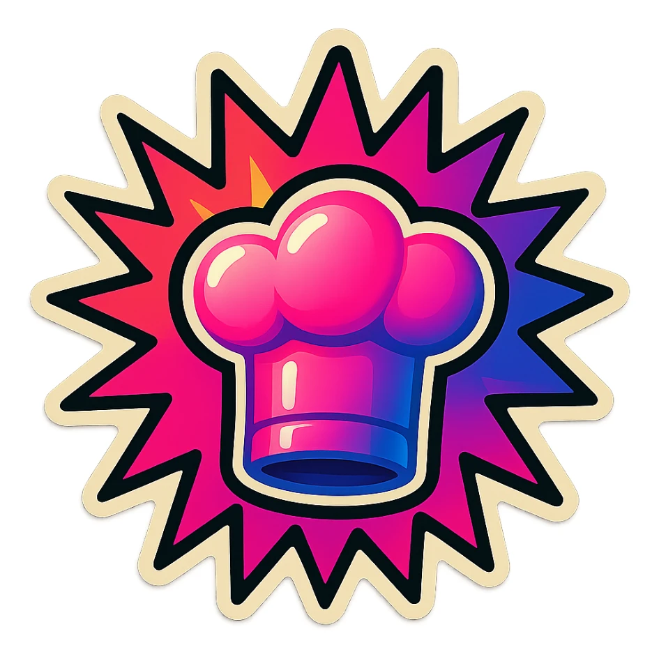 chef's hat, lot of colors explosions, playful and modern with gradient FF4D67, 9D34FF gradient, border black, vibrant, matching image reference  sticker