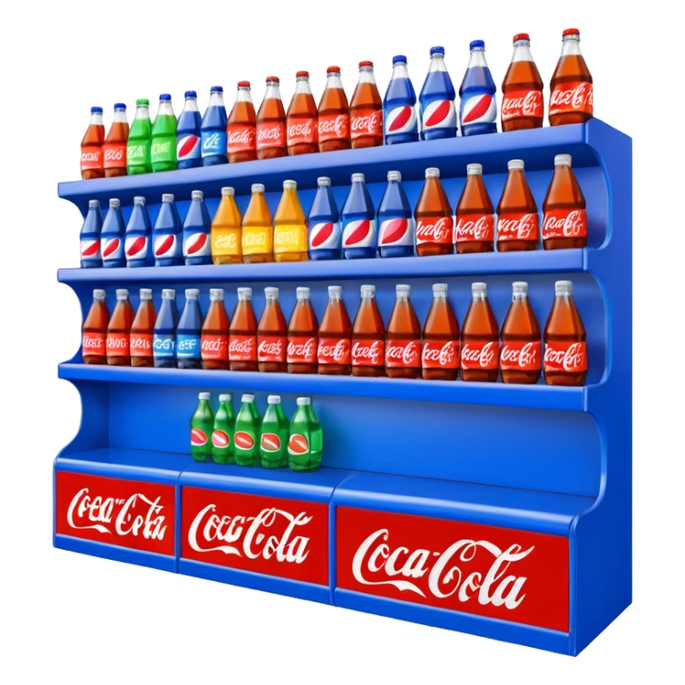 3D warehouse shelf with Coca-Cola, Pepsi, Fanta bottles and sticker