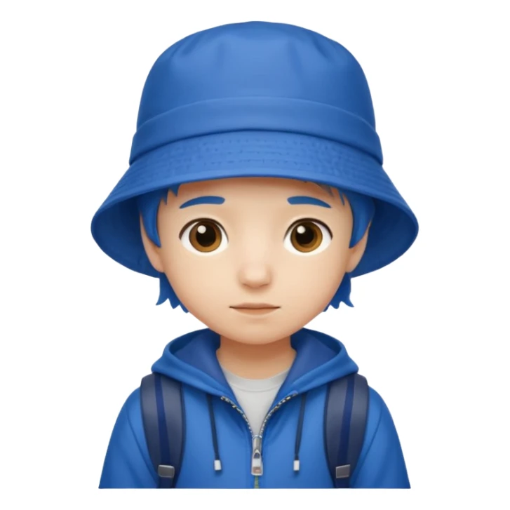 Little student wears blue bucket hat and jacket, backpack, shy sticker