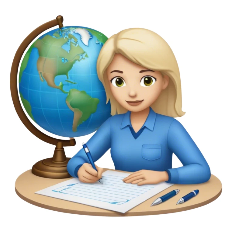 Create an emoji representing language translation. The design should feature just one globe in the background, symbolizing international communication. In front of the globe, place two books or sheets of paper with texs on them and a pen nearby to indicate the act of writing. Use a clean and professional color palette with blues, greens, and neutral tones. Make the background transparent. sticker