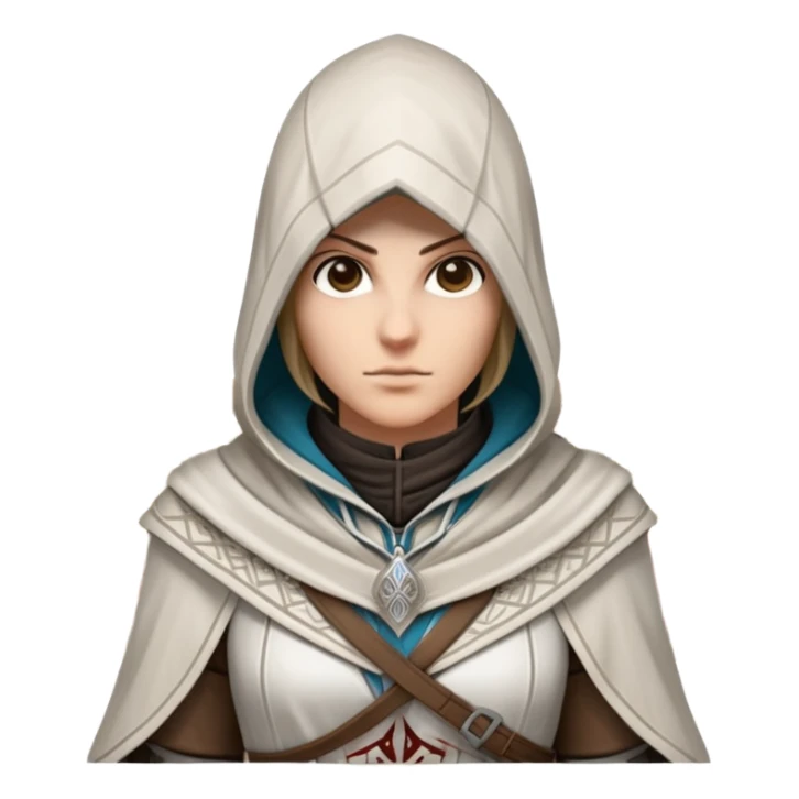 icon featuring Assasin's Creed in an iconic assassin's hood, standing tall. Florence is on background. The design captures the essence of adventure, with intricate details of historical architecture and a sense of mystery. The character is poised, ready for action. transparent background. sticker