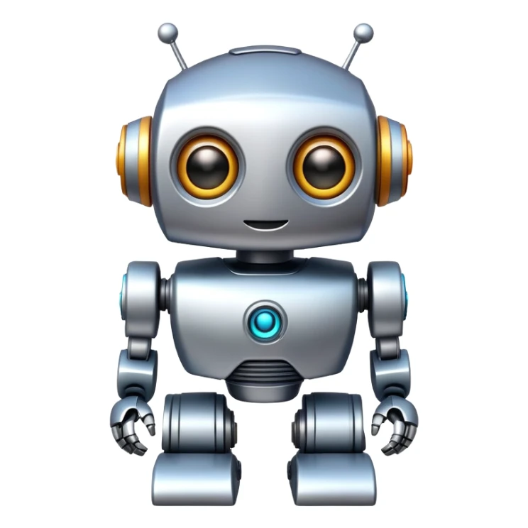 A toy robot with big eyes and a happy expression sticker