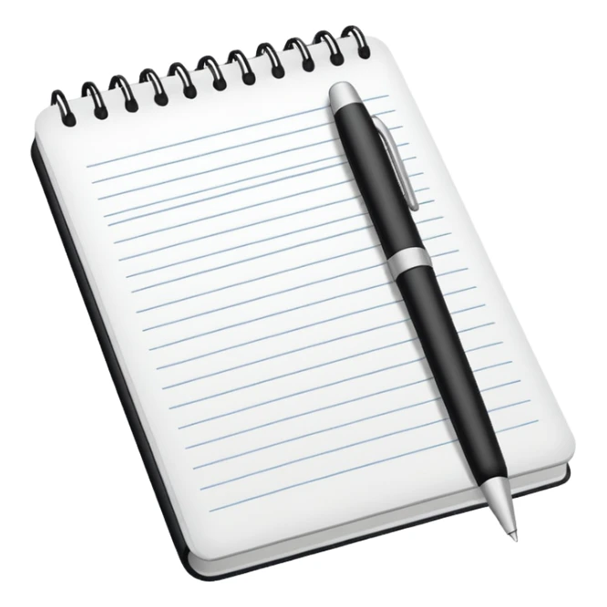 Front-facing notebook icon with a pen on the right side, minimal line-art, clean modern style, perfectly straight angle (no tilt), simple outlines, slightly 3D, no background, transparent, “documenting / journaling / tracking progress sticker