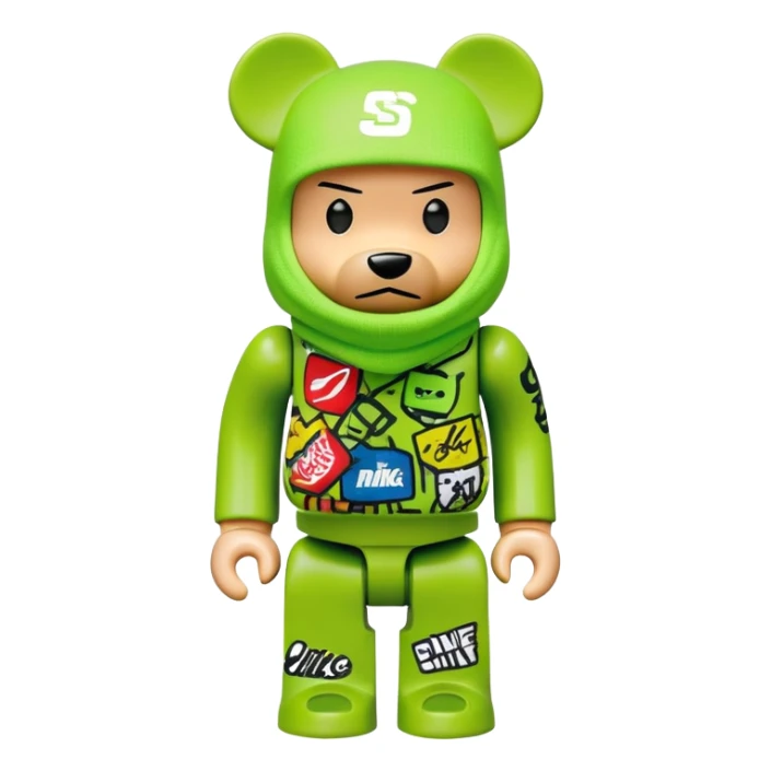 bearbrick toy with cubic head wearing a lime green balaclava covered in multiple street brand logos like Supreme, Nike, Adidas, Off-White in graffiti style, chaotic and adventurous logo placement, expressive eyebrows sticker