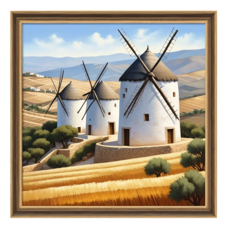 ​Cinematic Realistic Spanish Windmills (Mota del Cuervo), depicted as a cluster of gracefully aged windmills with weathered whitewashed facades and rustic wooden sails, standing proudly on a sunlit, rolling hillside of golden fields and olive groves, rendered with intricate textures and soft natural lighting that captures the timeless rural charm and historical significance of the Spanish landscape, sticker