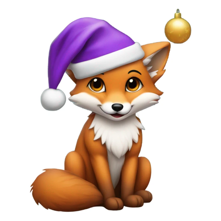 Baby fox wearing purple Santa hat sitting next to a  Christmas tree   sticker