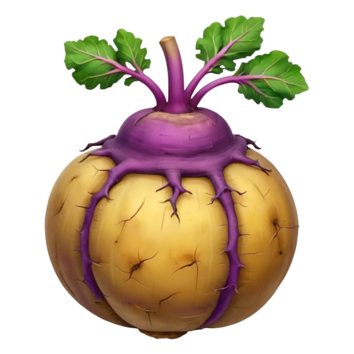whole rutabaga root, rounded bulbous shape, rough textured skin, mottled purple beige yellow tones, trimmed stem remnants, faint root hairs, fresh earthy, soft lighting, subtle shadows, emoji scale, transparent background sticker