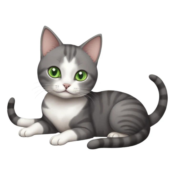 full body tiny short hair dark grey and white cat with white front legs and green eyes lying down sticker