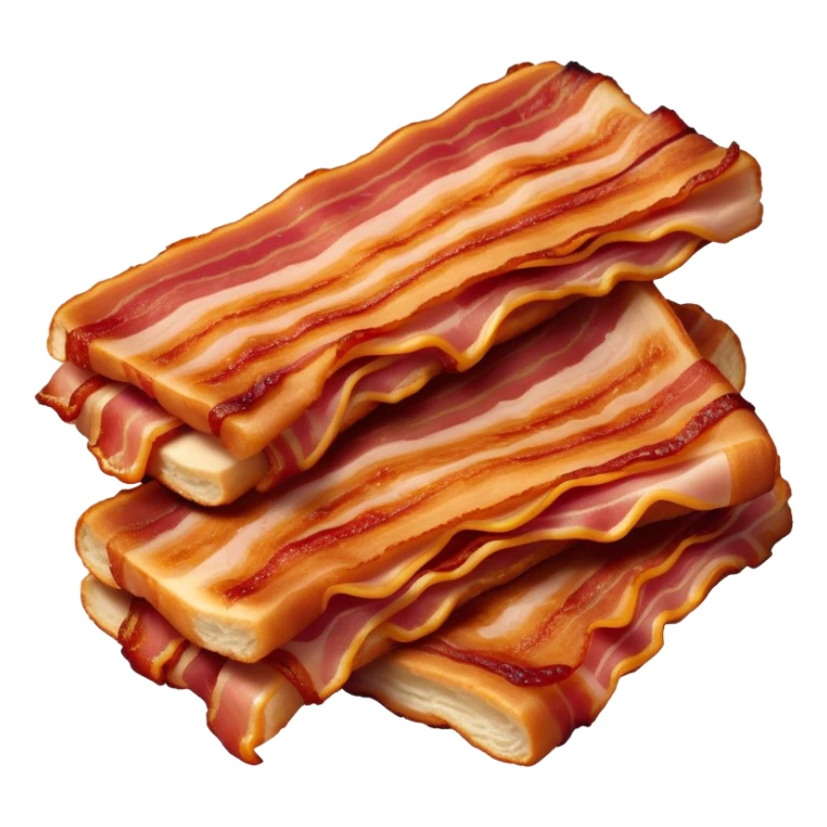 Cinematic crispy sizzling bacon, slightly curled, golden-brown with a perfect crunch, glistening with rich flavor, deep warm tones, served on a breakfast plate, comforting and indulgent. sticker