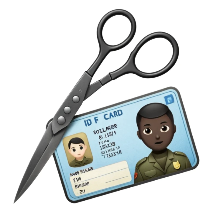 Floating black Scissors cutting an idf soldier ID card in 2 parts .hyper realistic sticker