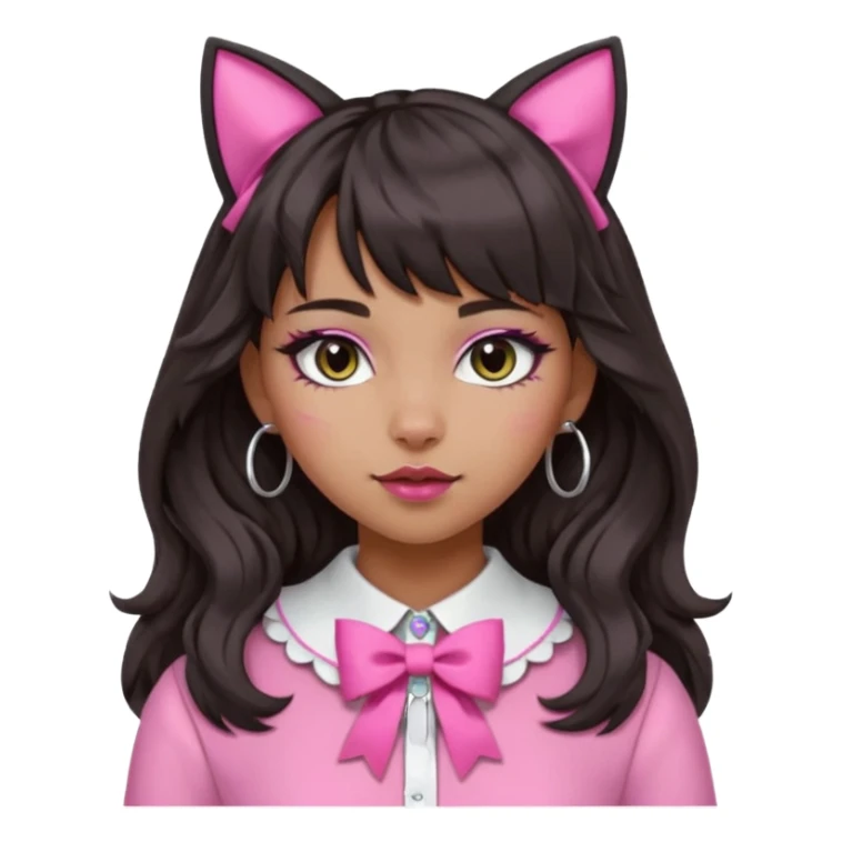 Change her clothes but keep the bow on the collar pink. Keep the silver O-ring, bangs, bold makeup, medium Hispanic skin, long dark wavy hair, and cat ears as is in apple emoji style. sticker