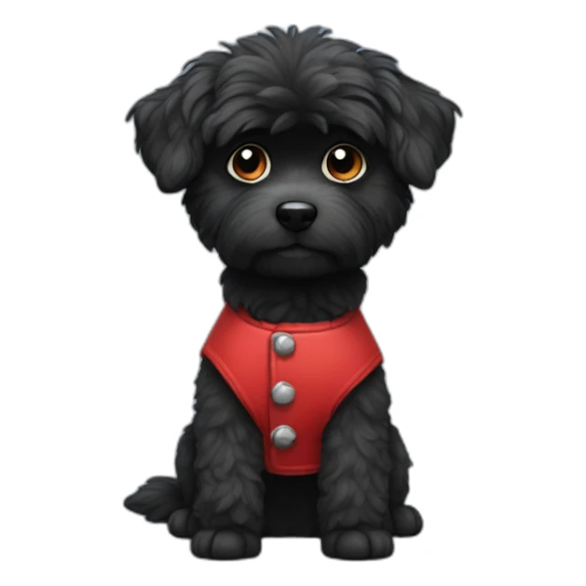 small completely black fluffy dog wearing red vest sticker