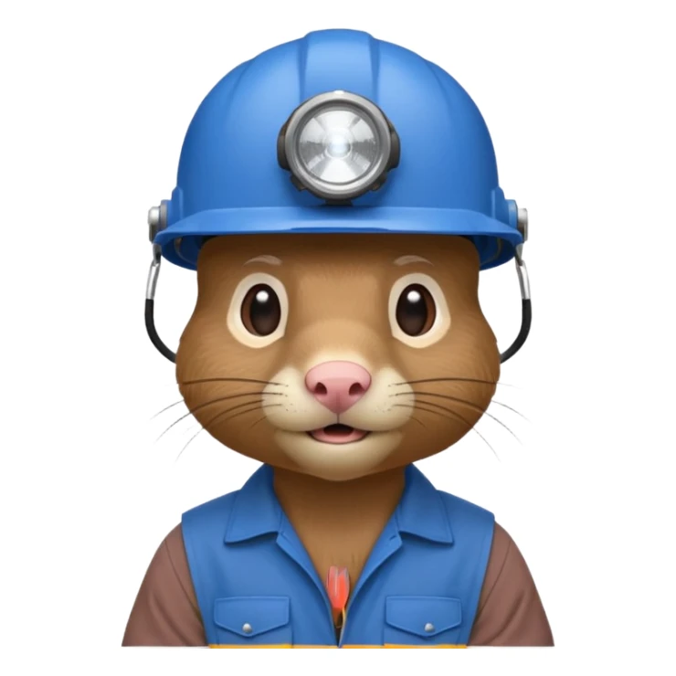 a mole rat, blue helmet, headlamp, brown worker cloth sticker