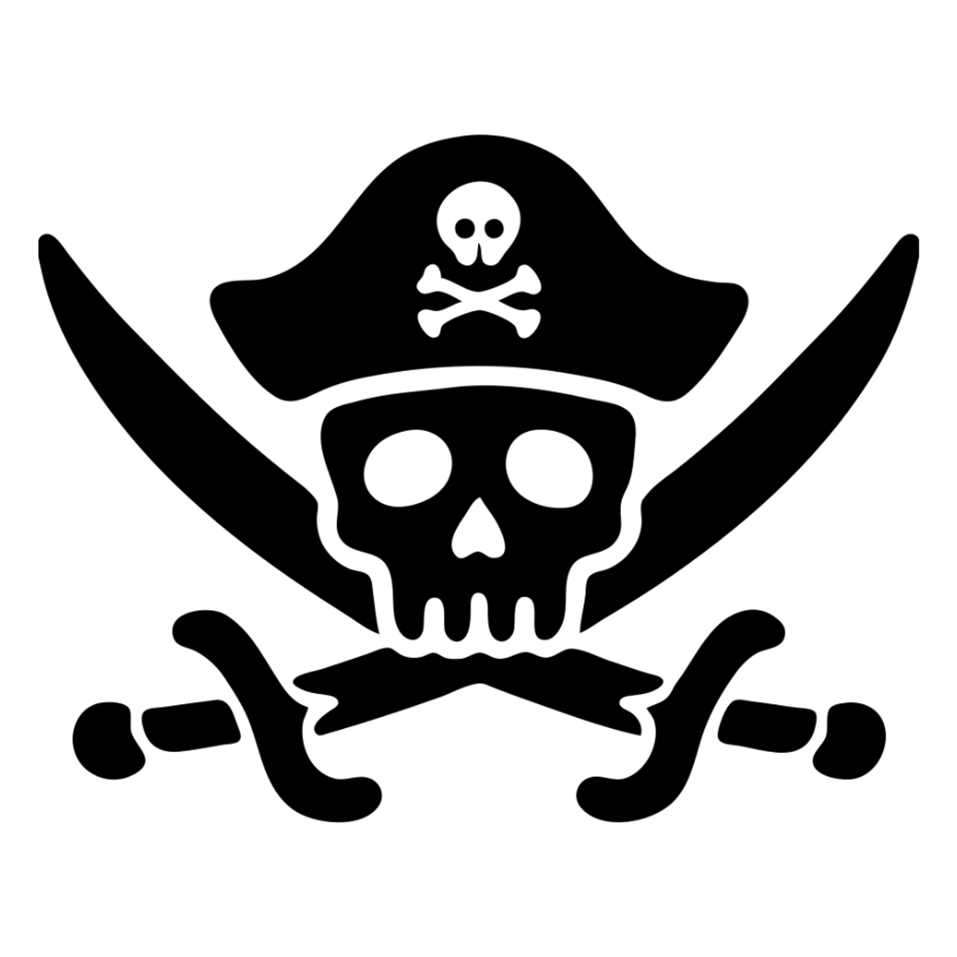 icon-style emblem with centered green skull with empty sockets, classic pirate hat with small skull-and-crossbones, two curved cutlasses crossed behind the skull, clean black and green lines, white background, swords do not obscure the skull sticker