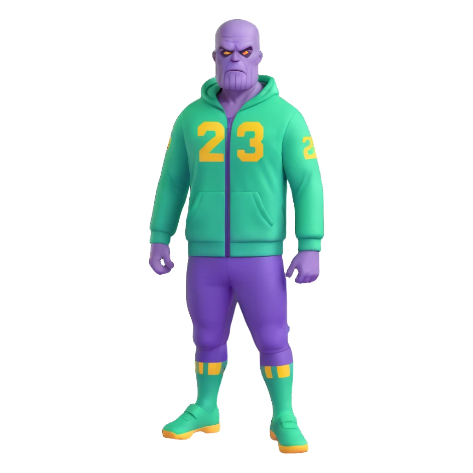 purple-skinned Thanos wearing a green Squid Game player tracksuit with number 230 sticker