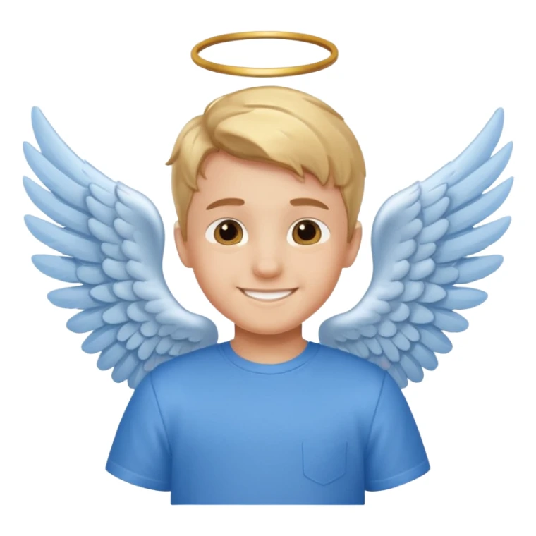smiling boy in blue shirt with angel wings sticker