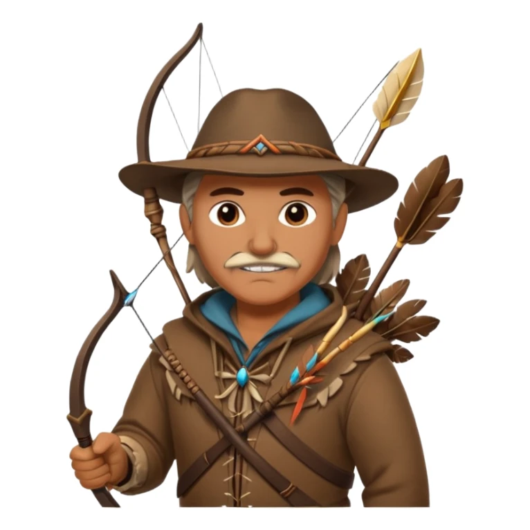 A classic middle-aged hunter with a bow and arrow on his back, dressed in brown clothes and decorated with feathers or bone teeth sticker