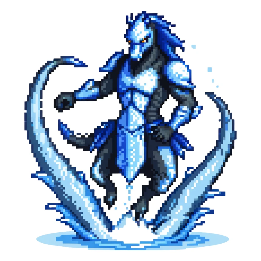 Black ninja water horse with dark blue magical water swirling around it, sharp spikes on its body, battle stance sticker