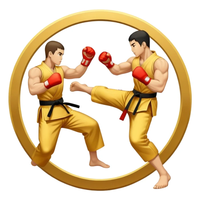 Round emblem symbolizing striking martial arts. The emblem features two fighters in dynamic stances, one delivering a powerful punch while the other defends with a block. In the center, a stylized fist and foot crossed to represent the essence of striking.  sticker