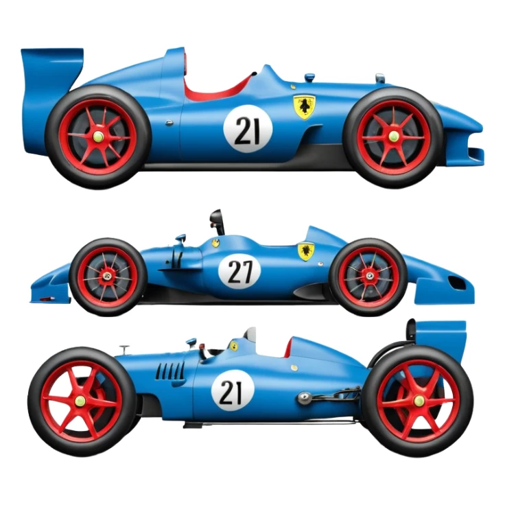  Hazy-blue Fenderless extended-wheelbase 2026 luxury racing Ferrari lowered powerful V-8 engined racing cycle car featuring advanced rugged 4 wheel independent suspension, power steering, disc brakes, small leather covered steering wheel, side mounted cowl exhaust  sticker