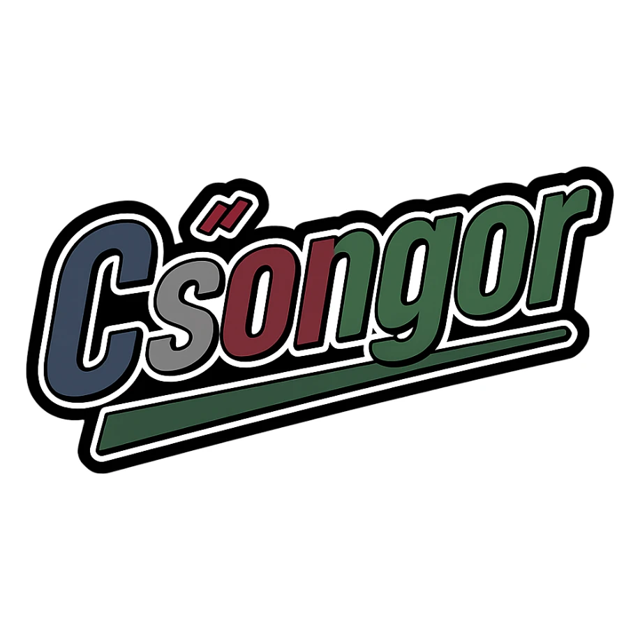 Text image of the name 'Csongor' in a masculine, modern font with gradient colors (blue, gray, burgundy, green, brown), precise Hungarian characters, dark contour, extra thick, prominent white letter border, dynamic slanted underline, 1000x1000 px, PNG, transparent background. sticker