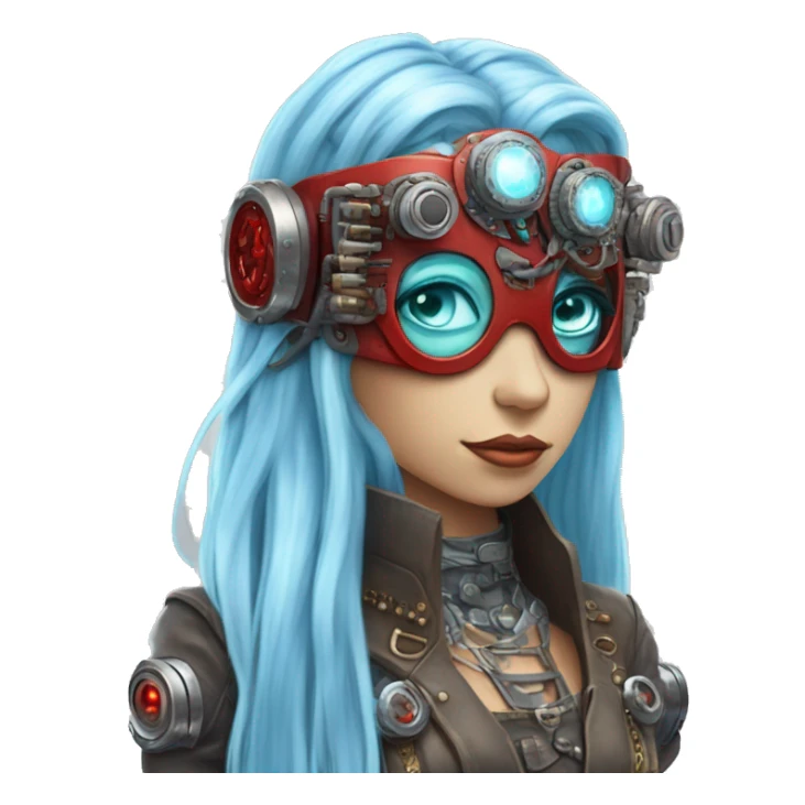Light blue long hair female cyborg head with red steampunk headband goggles and circuits sticker