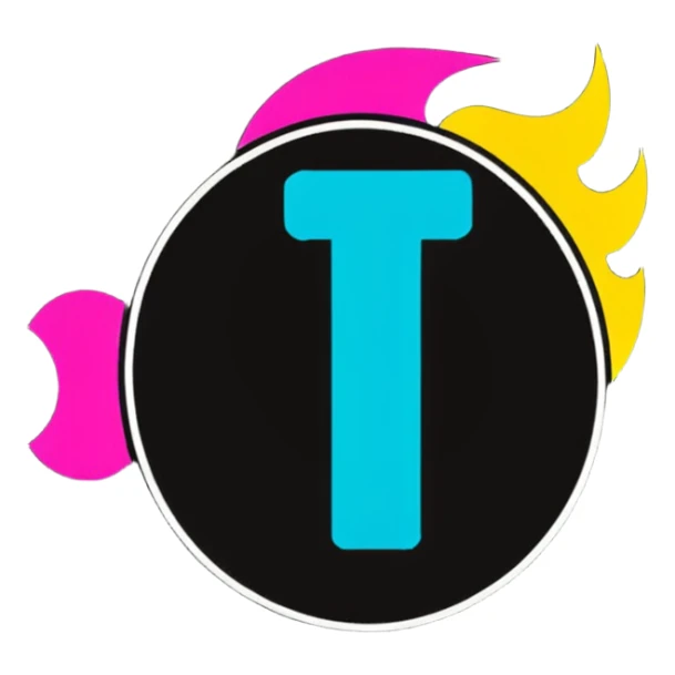 Minimalist sticker with white 'tt' letters on a black circle with cyan, magenta, and yellow dots below, fire emoji with street style influence sticker
