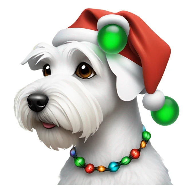 White miniature schnauzer with Santa hat and tangled up in Christmas lights sticker