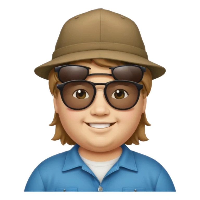 a very fat 16 year old boy who has light brown hair and a mullet and wearing a hat with upside down sunglasses on top of the hat sticker